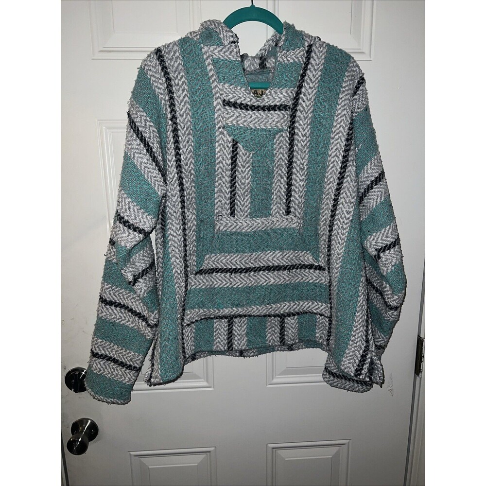 Baja Joe Hoodie Poncho Mexico Teal Gray White Mexican Hippie Boho Unisex Large